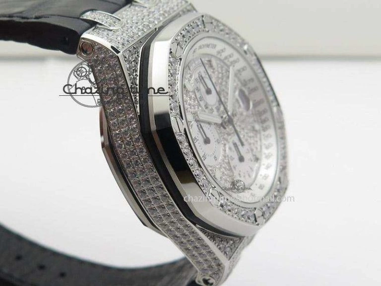 Royal Oak Offshore SS Full Paved Diamonds JF Best Edition on Black Leather Strap A Stretchable 5141