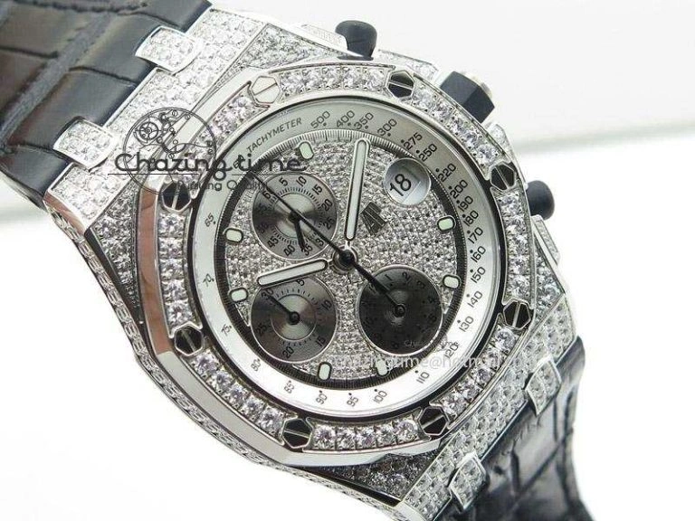 Royal Oak Offshore SS Full Paved Diamonds JF Best Edition on Black Leather Strap A Stretchable 5141
