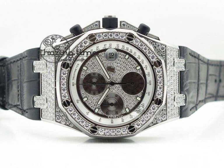Royal Oak Offshore SS Full Paved Diamonds JF Best Edition on Black Leather Strap A Stretchable 5141