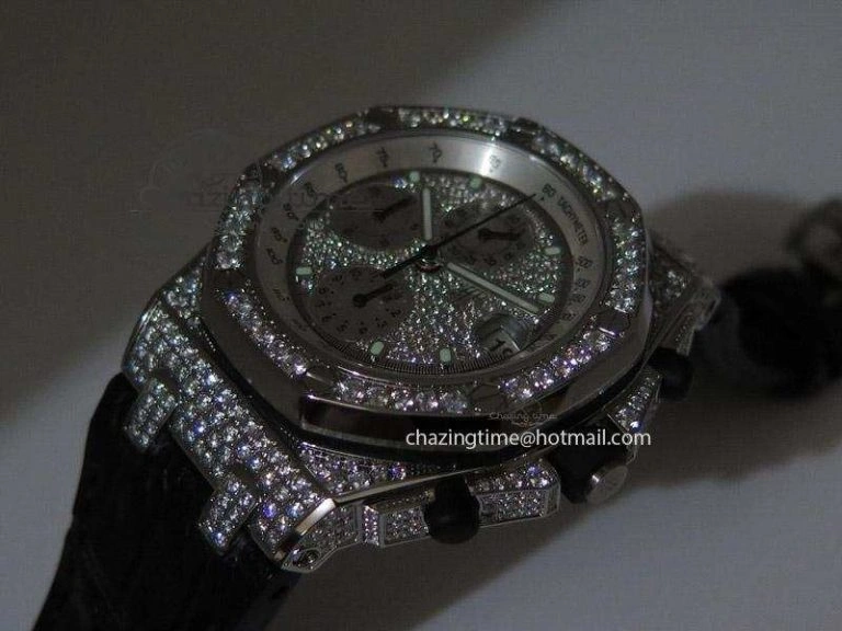 Royal Oak Offshore SS Full Paved Diamonds JF Best Edition on Black Leather Strap A Stretchable 5141