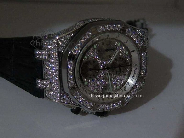 Royal Oak Offshore SS Full Paved Diamonds JF Best Edition on Black Leather Strap A Stretchable 5141