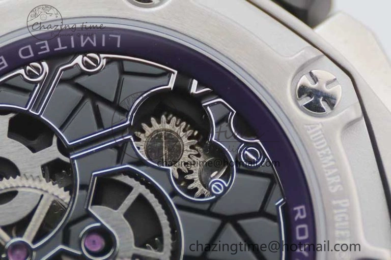 EasyMatch Royal Oak concept 26620 PVD 42mm “Black Panther” 1:1 Skeleton Dial on Purple Rubber Strap A 4667