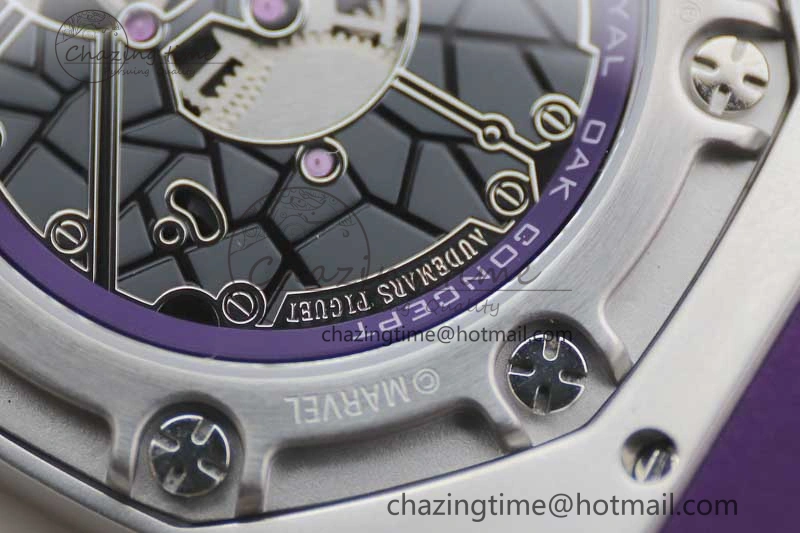 EasyMatch Royal Oak concept 26620 PVD 42mm “Black Panther” 1:1 Skeleton Dial on Purple Rubber Strap A 4667