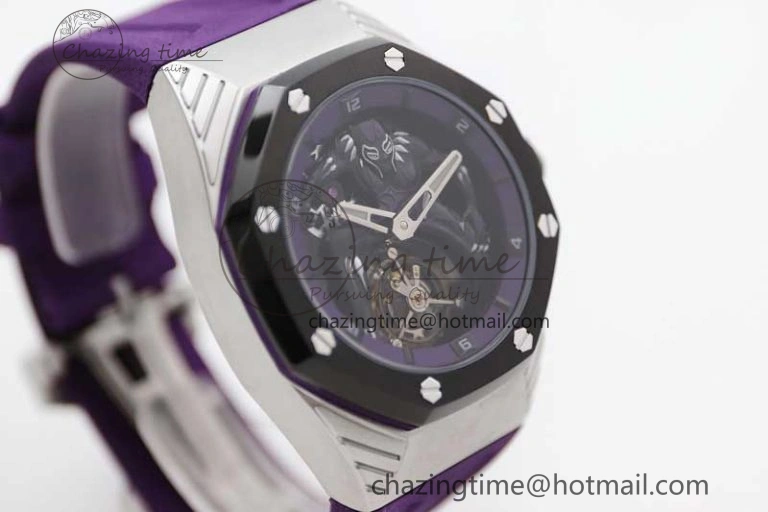 EasyMatch Royal Oak concept 26620 PVD 42mm “Black Panther” 1:1 Skeleton Dial on Purple Rubber Strap A 4667