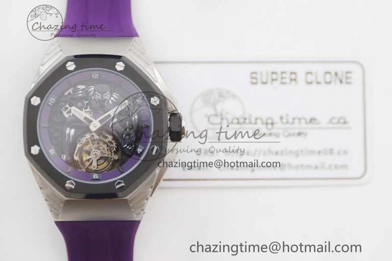 EasyMatch Royal Oak concept 26620 PVD 42mm “Black Panther” 1:1 Skeleton Dial on Purple Rubber Strap A 4667