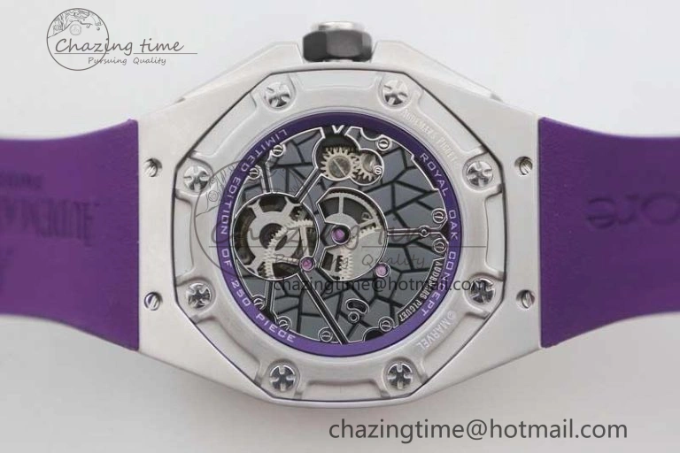 EasyMatch Royal Oak concept 26620 PVD 42mm “Black Panther” 1:1 Skeleton Dial on Purple Rubber Strap A 4667