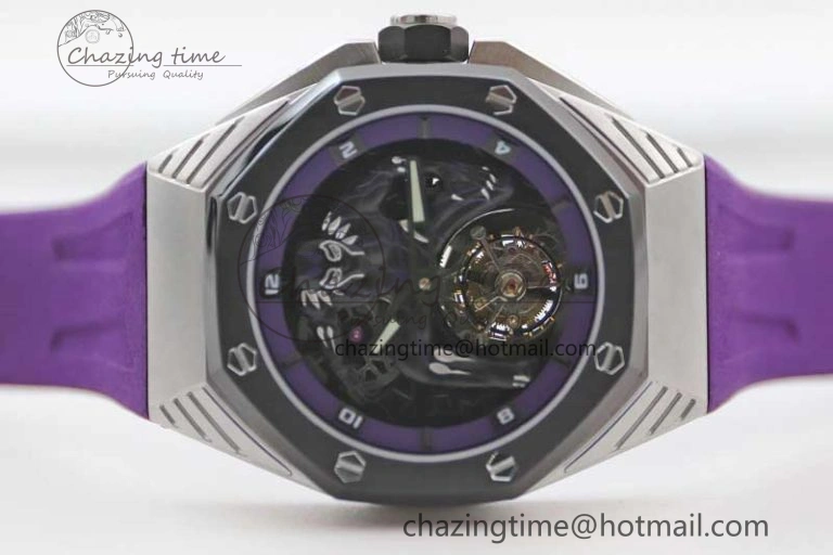 EasyMatch Royal Oak concept 26620 PVD 42mm “Black Panther” 1:1 Skeleton Dial on Purple Rubber Strap A 4667
