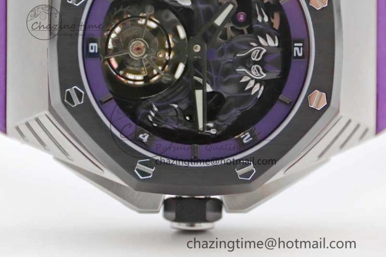 EasyMatch Royal Oak concept 26620 PVD 42mm “Black Panther” 1:1 Skeleton Dial on Purple Rubber Strap A 4667