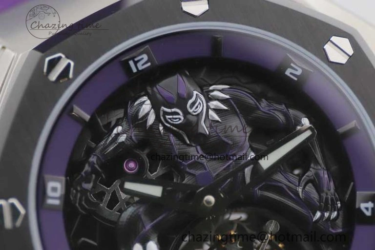 EasyMatch Royal Oak concept 26620 PVD 42mm “Black Panther” 1:1 Skeleton Dial on Purple Rubber Strap A 4667
