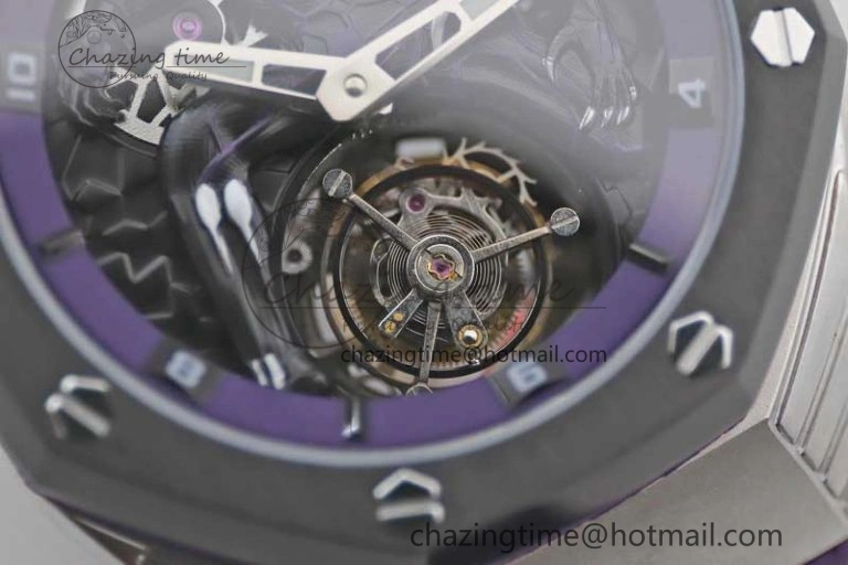 EasyMatch Royal Oak concept 26620 PVD 42mm “Black Panther” 1:1 Skeleton Dial on Purple Rubber Strap A 4667