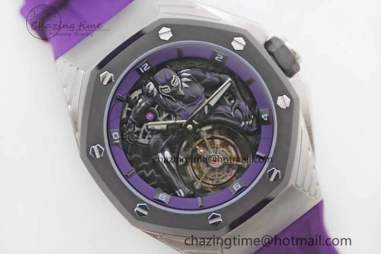 EasyMatch Royal Oak concept 26620 PVD 42mm “Black Panther” 1:1 Skeleton Dial on Purple Rubber Strap A 4667