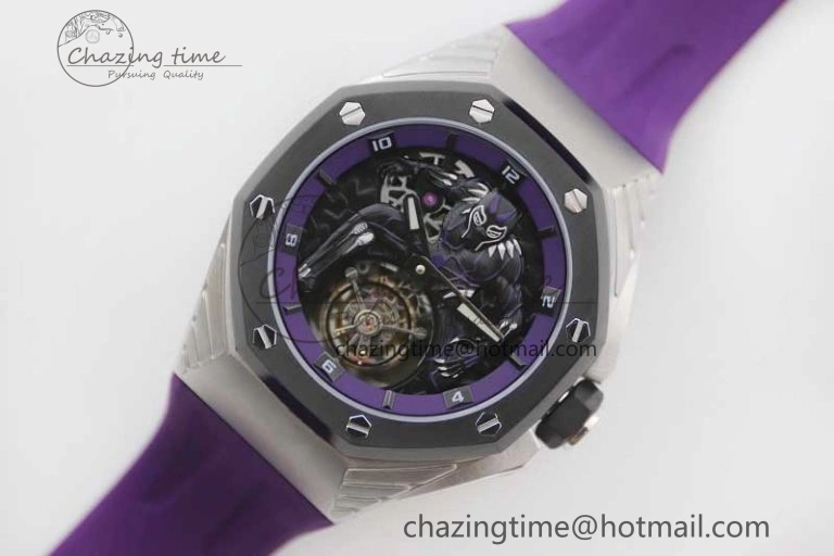 EasyMatch Royal Oak concept 26620 PVD 42mm “Black Panther” 1:1 Skeleton Dial on Purple Rubber Strap A 4667