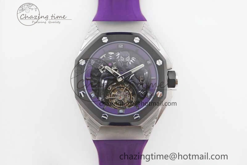 EasyMatch Royal Oak concept 26620 PVD 42mm “Black Panther” 1:1 Skeleton Dial on Purple Rubber Strap A 4667