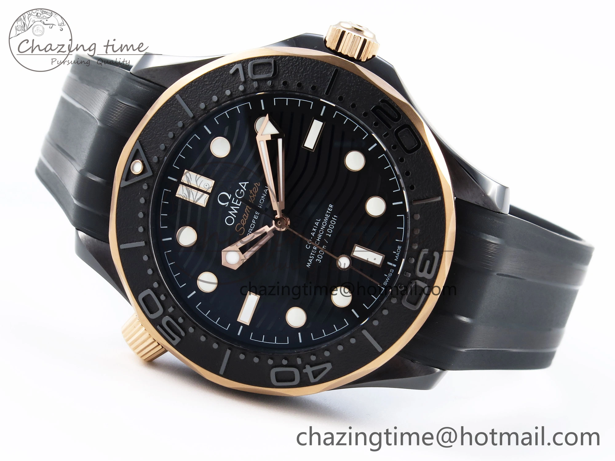 WaterResistant SEAMASTER 300M 43.5MM BLACK CERAMIC VSF 1:1 BEST EDITION BLACK DIAL RG BEZEL ON BLACK RUBBER STRAP A 7767