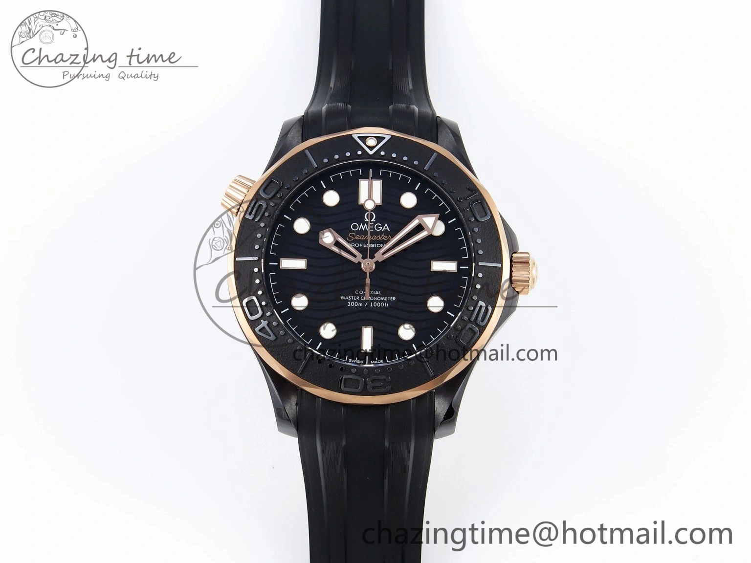 WaterResistant SEAMASTER 300M 43.5MM BLACK CERAMIC VSF 1:1 BEST EDITION BLACK DIAL RG BEZEL ON BLACK RUBBER STRAP A 7767