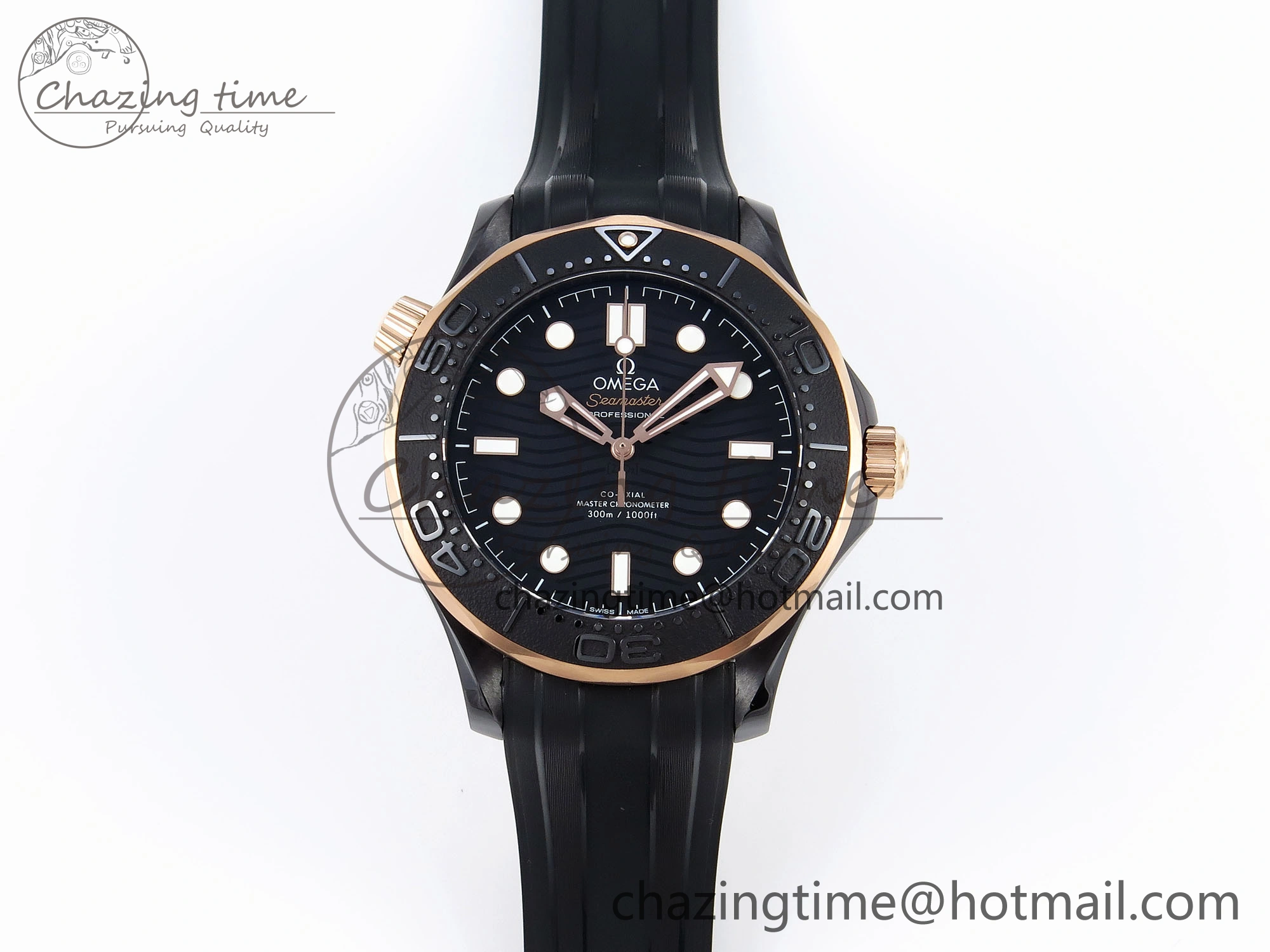 WaterResistant SEAMASTER 300M 43.5MM BLACK CERAMIC VSF 1:1 BEST EDITION BLACK DIAL RG BEZEL ON BLACK RUBBER STRAP A 7767