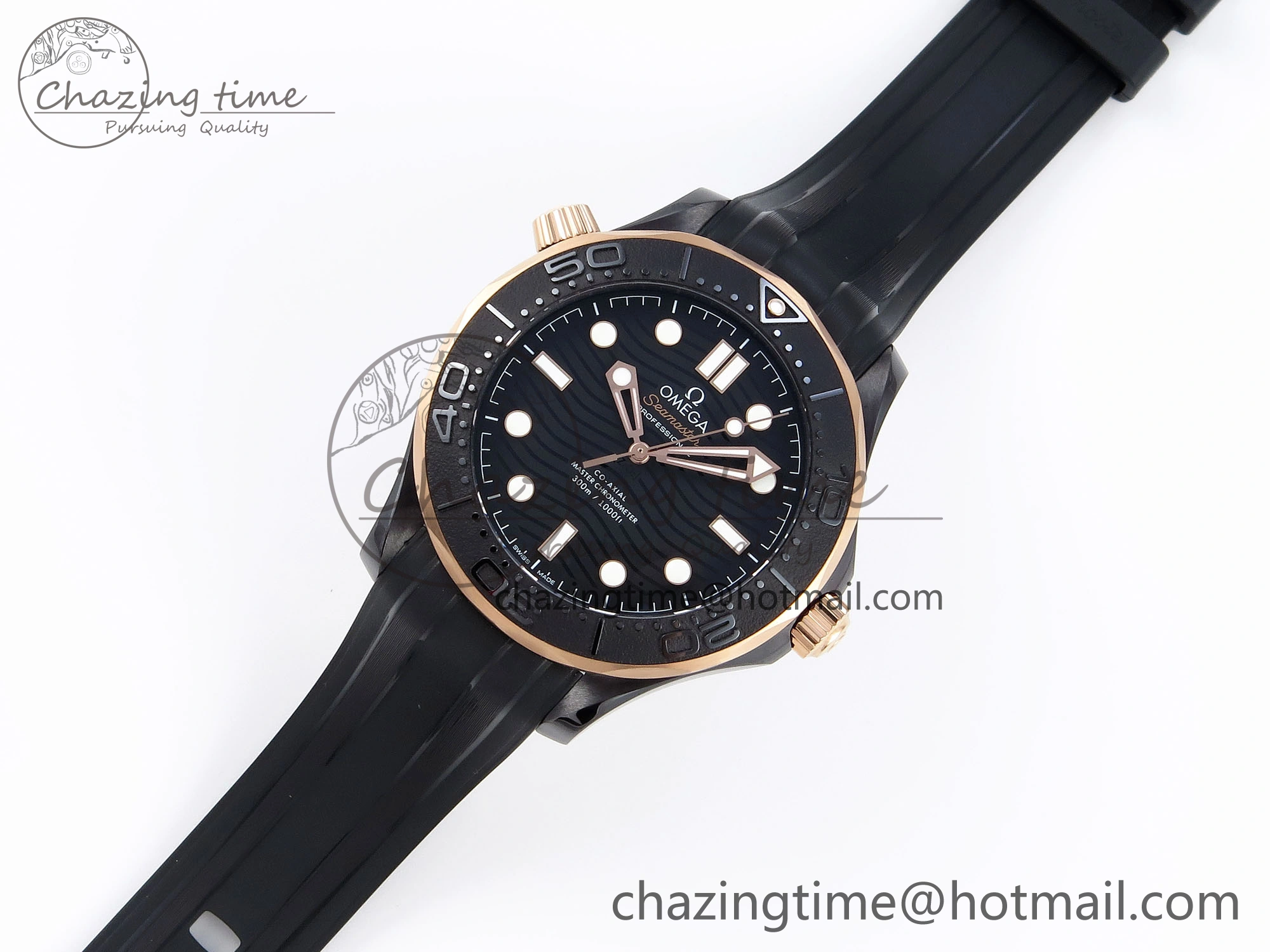 WaterResistant SEAMASTER 300M 43.5MM BLACK CERAMIC VSF 1:1 BEST EDITION BLACK DIAL RG BEZEL ON BLACK RUBBER STRAP A 7767