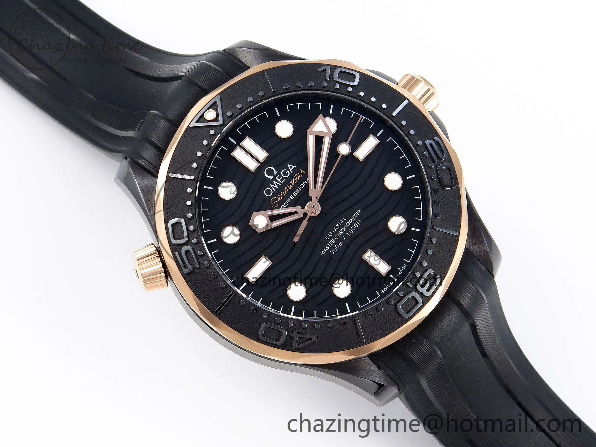 WaterResistant SEAMASTER 300M 43.5MM BLACK CERAMIC VSF 1:1 BEST EDITION BLACK DIAL RG BEZEL ON BLACK RUBBER STRAP A 7767