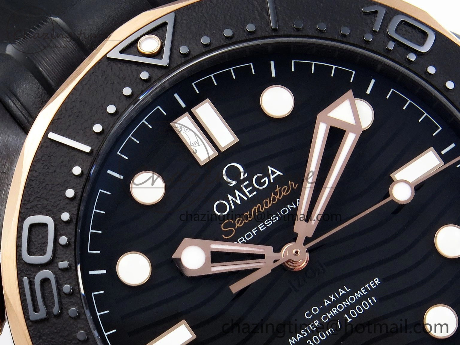 WaterResistant SEAMASTER 300M 43.5MM BLACK CERAMIC VSF 1:1 BEST EDITION BLACK DIAL RG BEZEL ON BLACK RUBBER STRAP A 7767