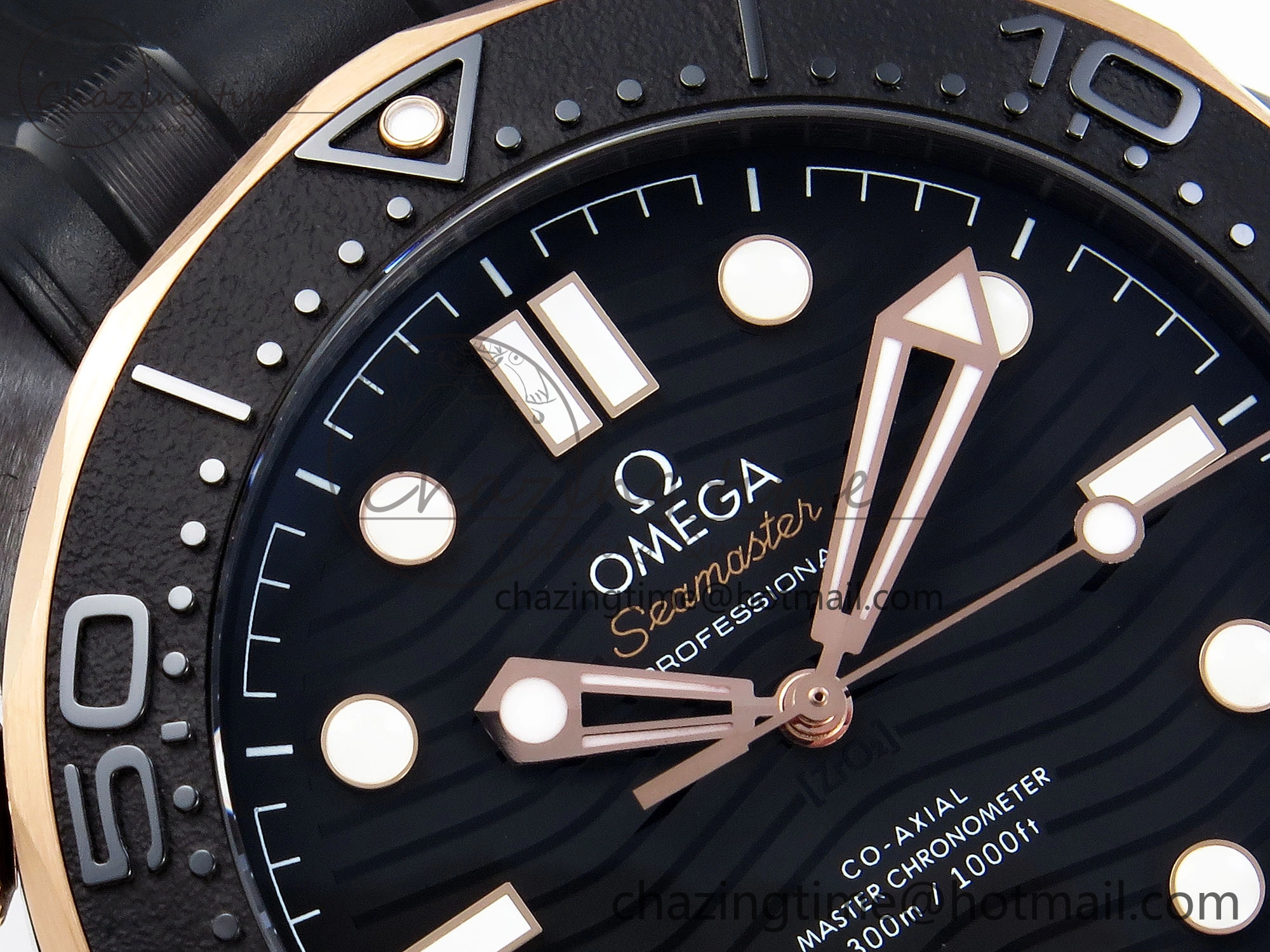 WaterResistant SEAMASTER 300M 43.5MM BLACK CERAMIC VSF 1:1 BEST EDITION BLACK DIAL RG BEZEL ON BLACK RUBBER STRAP A 7767