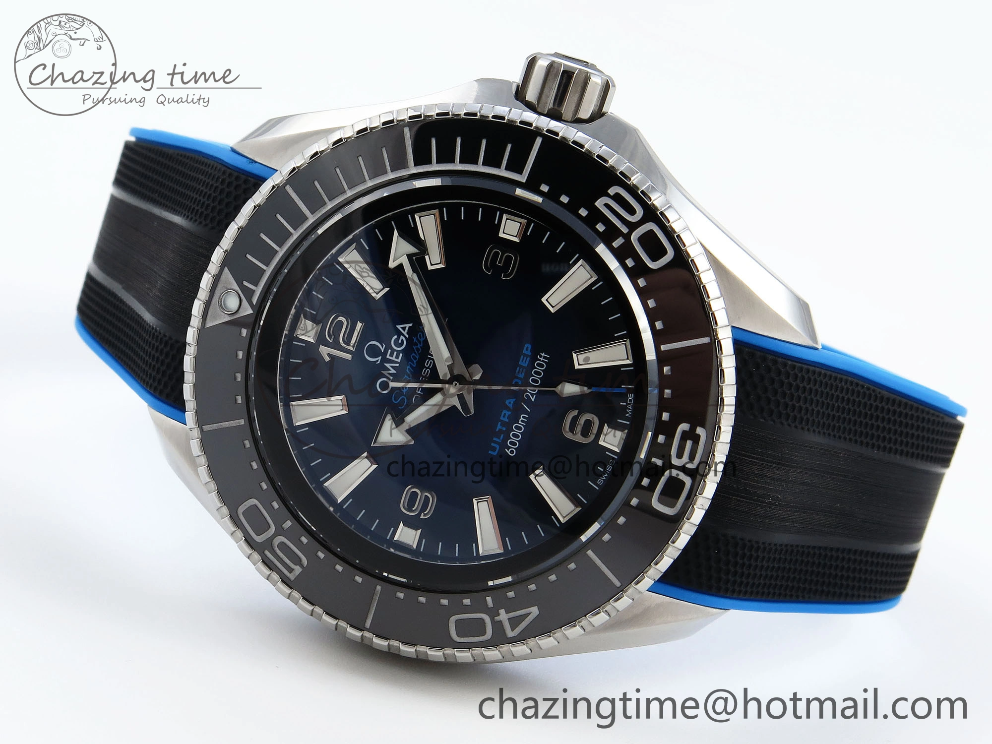 QuickDry SEAMASTER PLANET OCEAN 6000M ULTRA DEEP 45.5MM SS TF 1:1 BEST EDITION BLUE DIAL BLACK BEZEL ON RUBBER STRAP A 7763