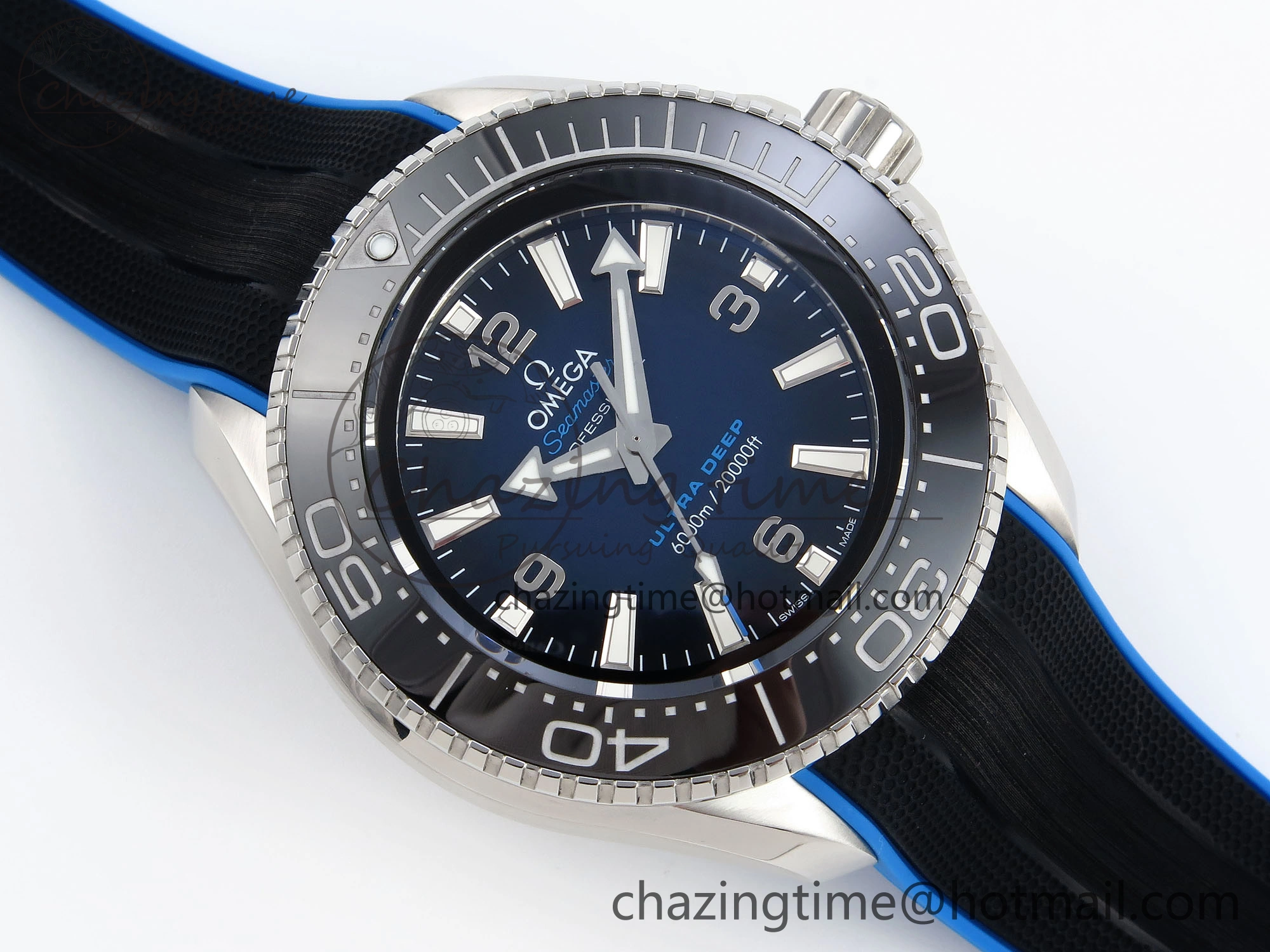 QuickDry SEAMASTER PLANET OCEAN 6000M ULTRA DEEP 45.5MM SS TF 1:1 BEST EDITION BLUE DIAL BLACK BEZEL ON RUBBER STRAP A 7763