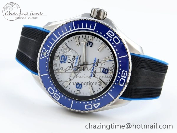 Chic SEAMASTER PLANET OCEAN 6000M ULTRA DEEP 45.5MM SS TF 1:1 BEST EDITION WHITE DIAL BLUE BEZEL ON RUBBER STRAP A 7762