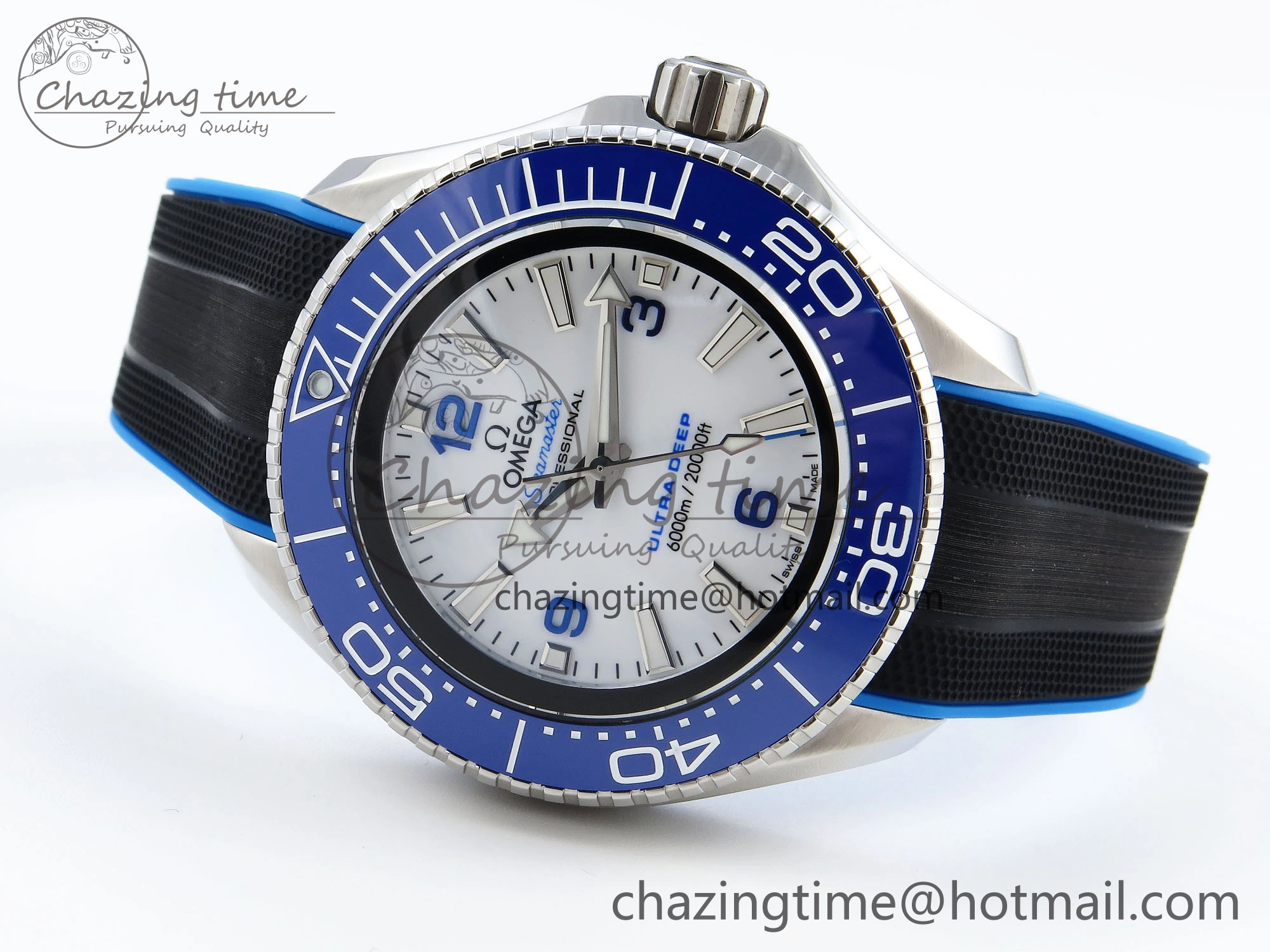 Chic SEAMASTER PLANET OCEAN 6000M ULTRA DEEP 45.5MM SS TF 1:1 BEST EDITION WHITE DIAL BLUE BEZEL ON RUBBER STRAP A 7762