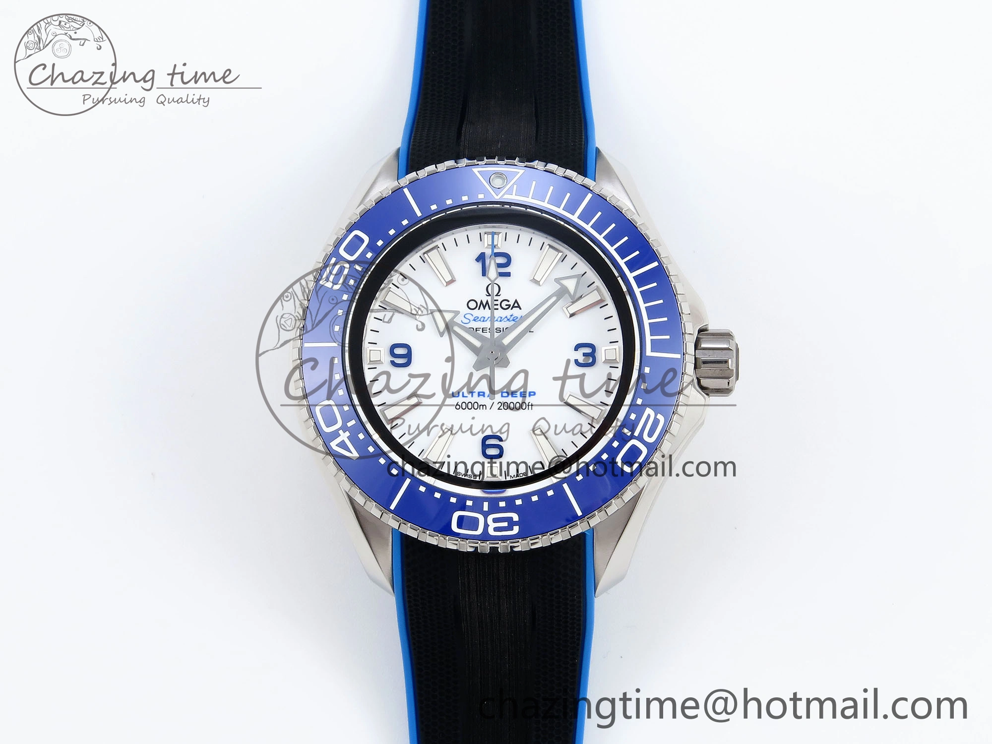 Chic SEAMASTER PLANET OCEAN 6000M ULTRA DEEP 45.5MM SS TF 1:1 BEST EDITION WHITE DIAL BLUE BEZEL ON RUBBER STRAP A 7762