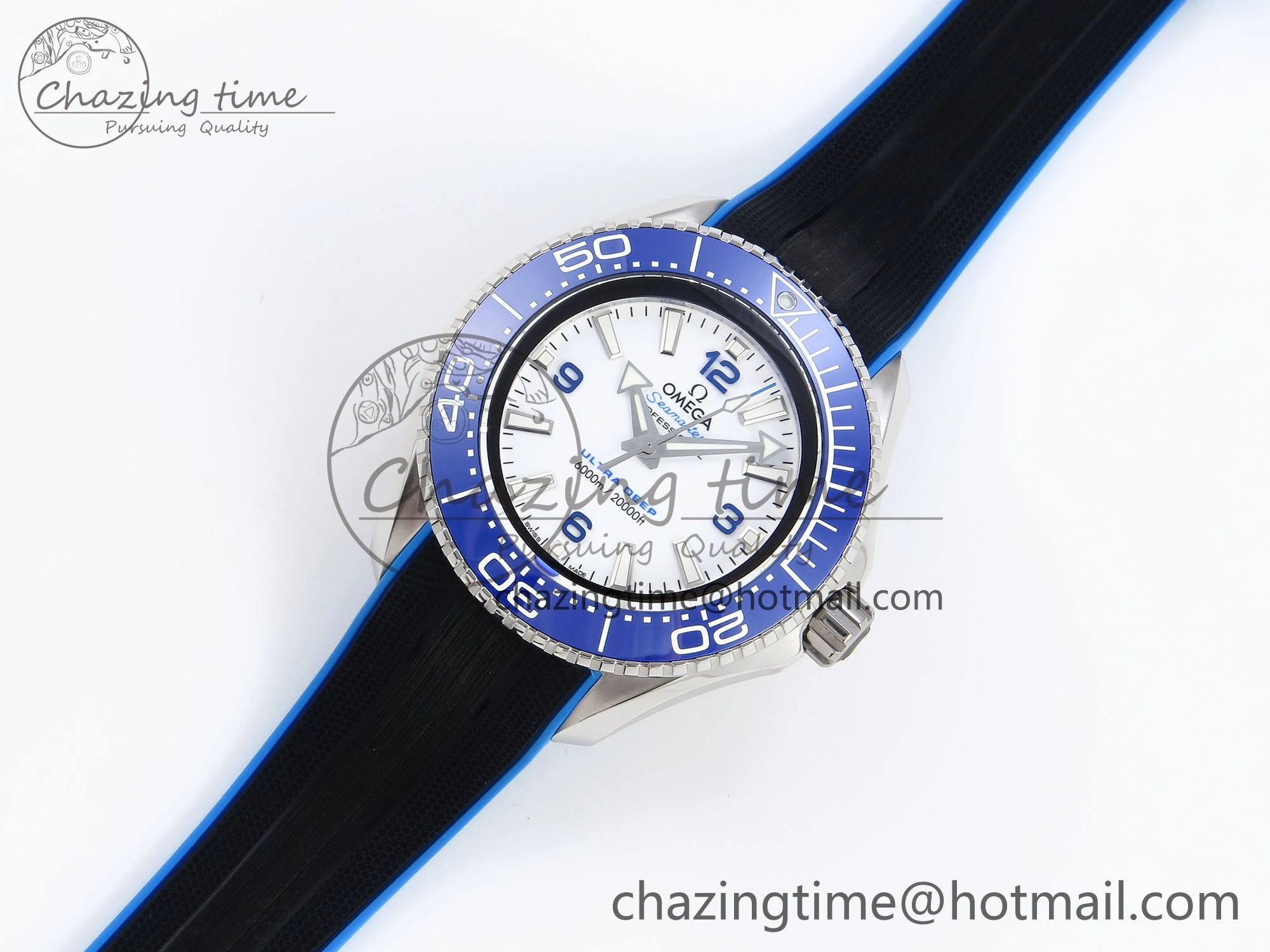 Chic SEAMASTER PLANET OCEAN 6000M ULTRA DEEP 45.5MM SS TF 1:1 BEST EDITION WHITE DIAL BLUE BEZEL ON RUBBER STRAP A 7762