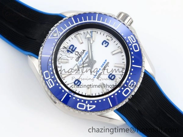 Chic SEAMASTER PLANET OCEAN 6000M ULTRA DEEP 45.5MM SS TF 1:1 BEST EDITION WHITE DIAL BLUE BEZEL ON RUBBER STRAP A 7762