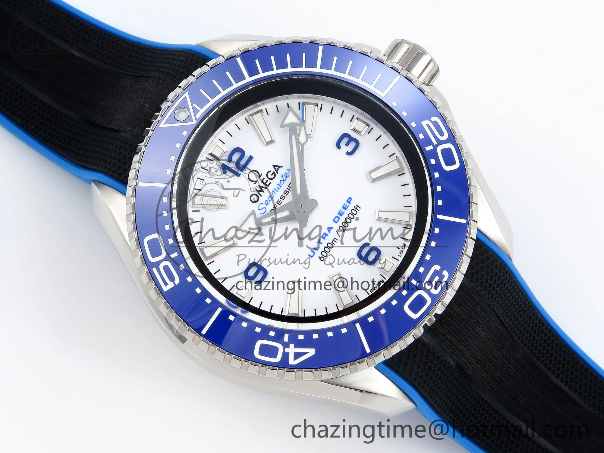 Chic SEAMASTER PLANET OCEAN 6000M ULTRA DEEP 45.5MM SS TF 1:1 BEST EDITION WHITE DIAL BLUE BEZEL ON RUBBER STRAP A 7762