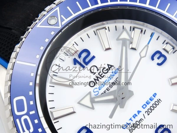 Chic SEAMASTER PLANET OCEAN 6000M ULTRA DEEP 45.5MM SS TF 1:1 BEST EDITION WHITE DIAL BLUE BEZEL ON RUBBER STRAP A 7762