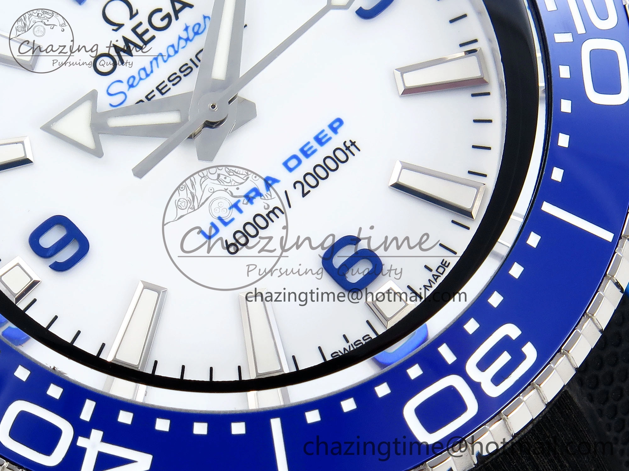 Chic SEAMASTER PLANET OCEAN 6000M ULTRA DEEP 45.5MM SS TF 1:1 BEST EDITION WHITE DIAL BLUE BEZEL ON RUBBER STRAP A 7762