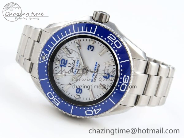 RelaxedFit SEAMASTER PLANET OCEAN 6000M ULTRA DEEP 45.5MM SS TF 1:1 BEST EDITION WHITE DIAL BLUE BEZEL ON SS BRACELET A 7759