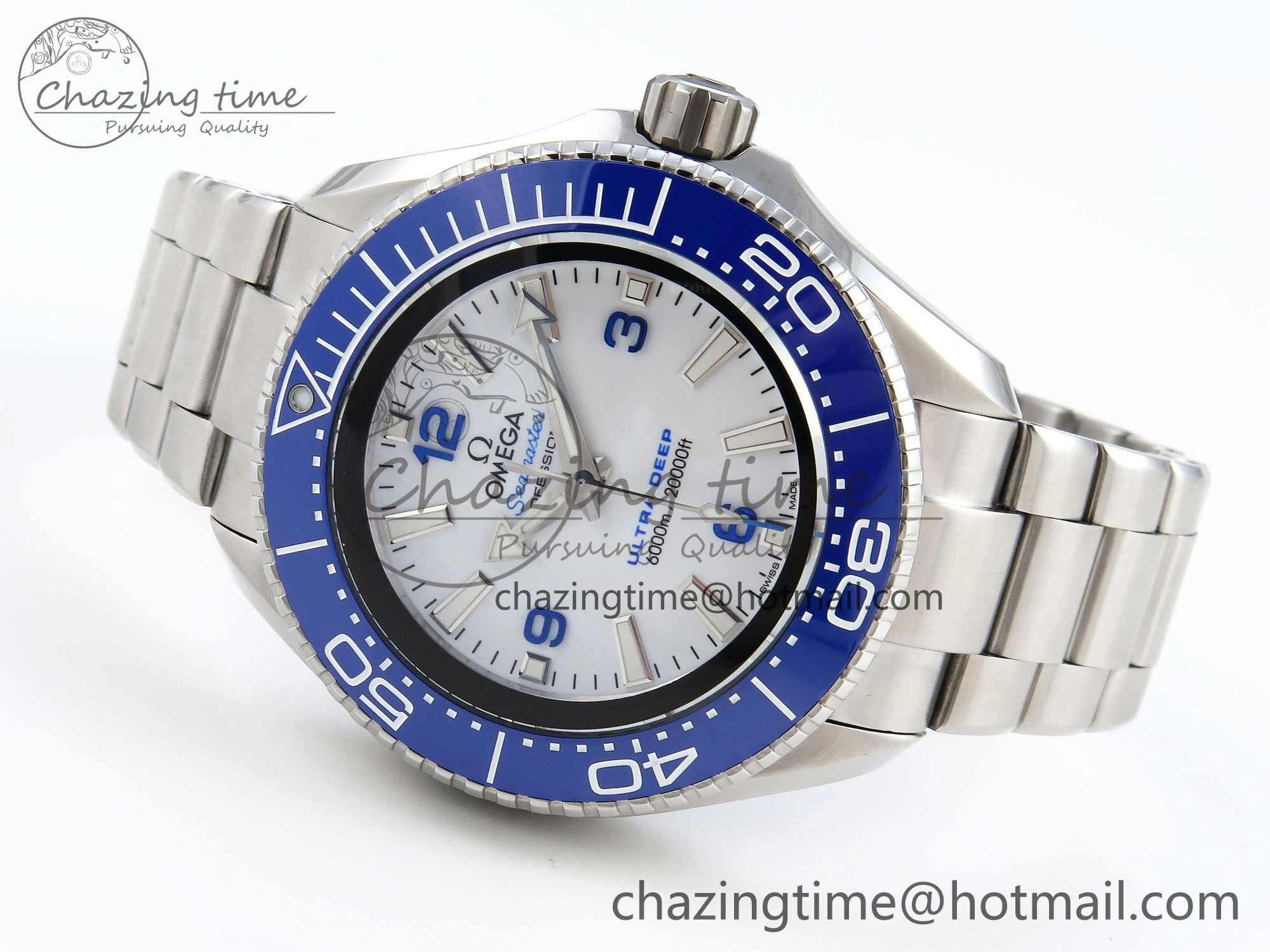 RelaxedFit SEAMASTER PLANET OCEAN 6000M ULTRA DEEP 45.5MM SS TF 1:1 BEST EDITION WHITE DIAL BLUE BEZEL ON SS BRACELET A 7759