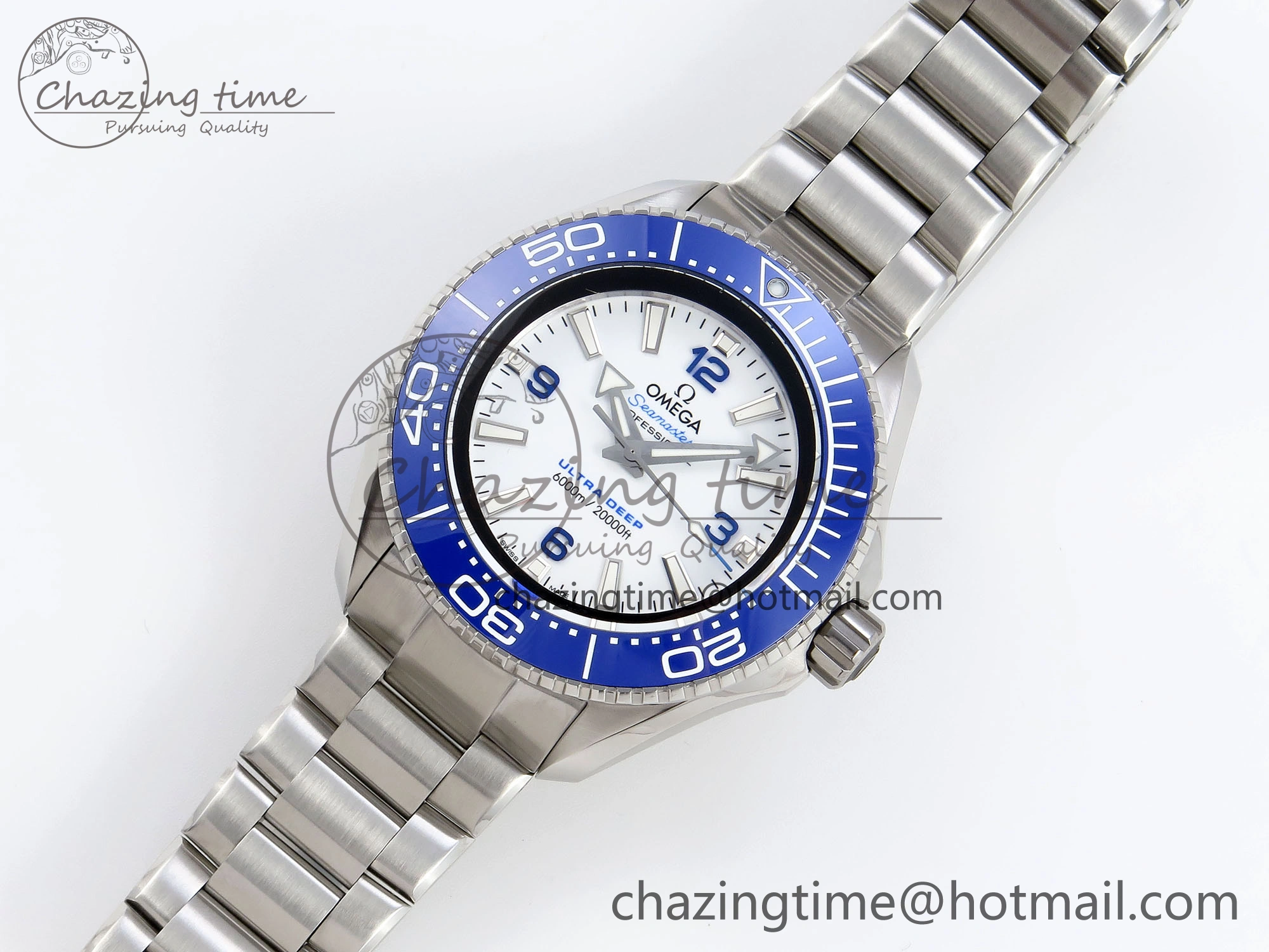 RelaxedFit SEAMASTER PLANET OCEAN 6000M ULTRA DEEP 45.5MM SS TF 1:1 BEST EDITION WHITE DIAL BLUE BEZEL ON SS BRACELET A 7759