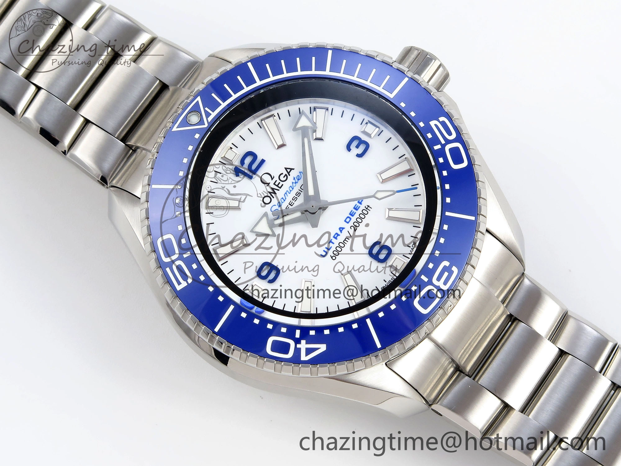 RelaxedFit SEAMASTER PLANET OCEAN 6000M ULTRA DEEP 45.5MM SS TF 1:1 BEST EDITION WHITE DIAL BLUE BEZEL ON SS BRACELET A 7759