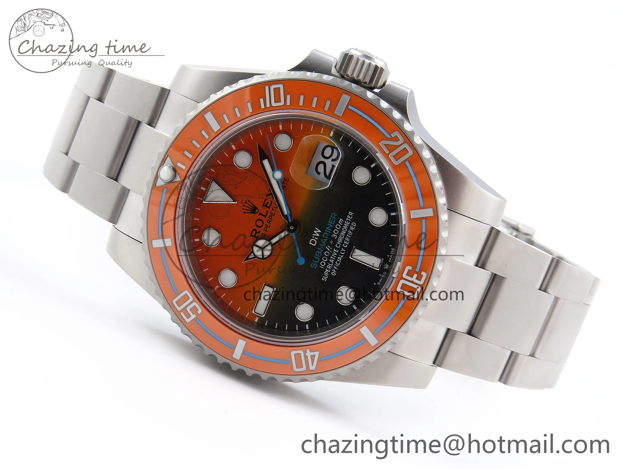 Elegant SUBMARINER DIW SANDBLASTED VSF 1:1 BEST EDITION ORANGE CERAMIC BEZEL ORANGE BLACK DIAL ON SS BRACELET VS 1765