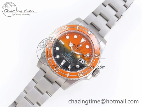 Elegant SUBMARINER DIW SANDBLASTED VSF 1:1 BEST EDITION ORANGE CERAMIC BEZEL ORANGE BLACK DIAL ON SS BRACELET VS 1765