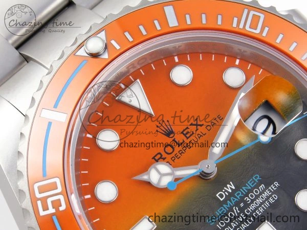 Elegant SUBMARINER DIW SANDBLASTED VSF 1:1 BEST EDITION ORANGE CERAMIC BEZEL ORANGE BLACK DIAL ON SS BRACELET VS 1765