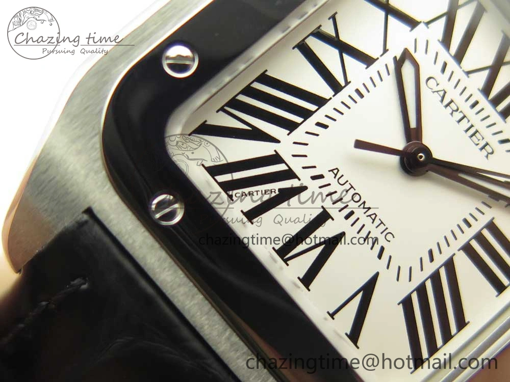 TimelessDesign Santos 100 33mm RXW 1:1 Best Edition Ladies SS White Dial on Black Leather Strap SEIKO NH05A 10636