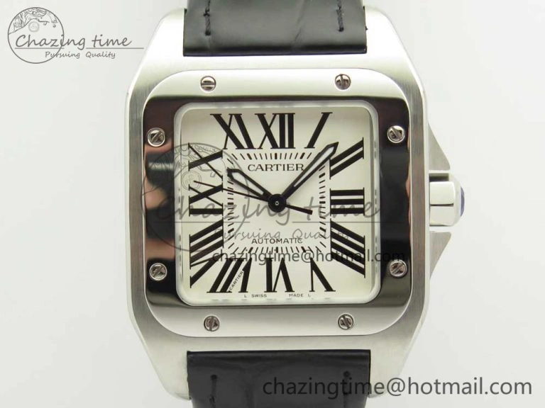 TimelessDesign Santos 100 33mm RXW 1:1 Best Edition Ladies SS White Dial on Black Leather Strap SEIKO NH05A 10636