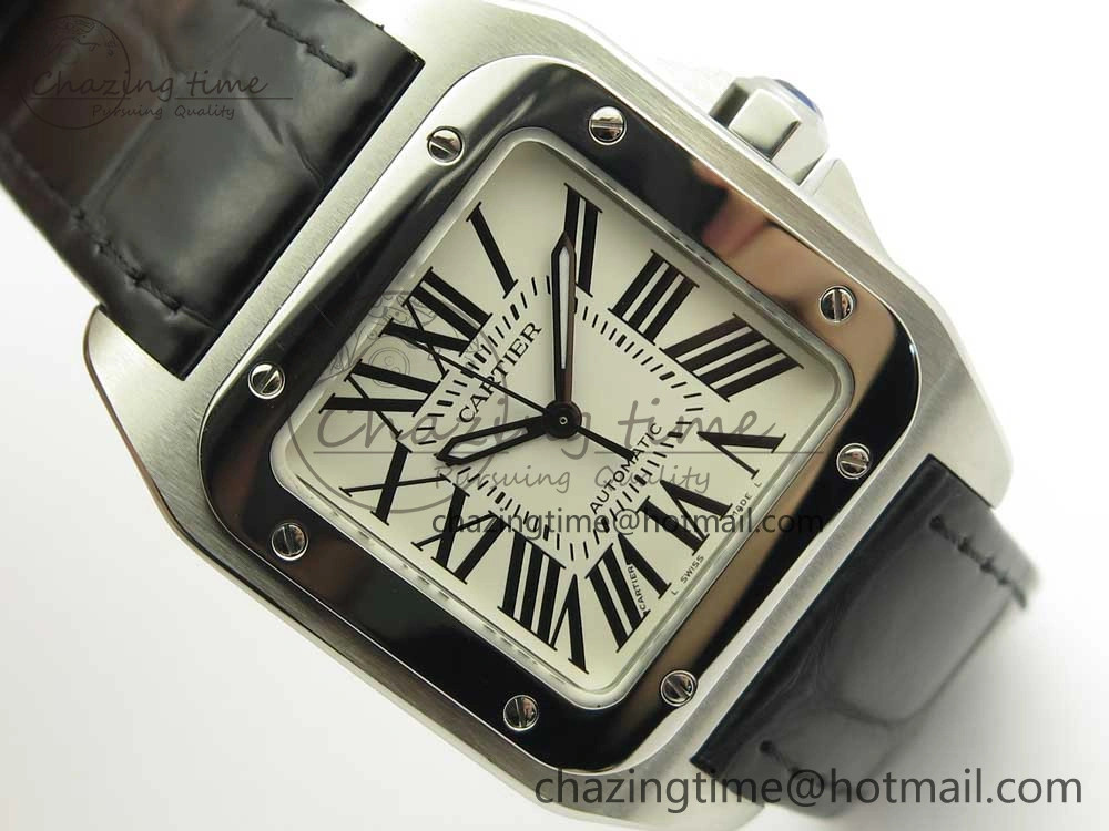 TimelessDesign Santos 100 33mm RXW 1:1 Best Edition Ladies SS White Dial on Black Leather Strap SEIKO NH05A 10636