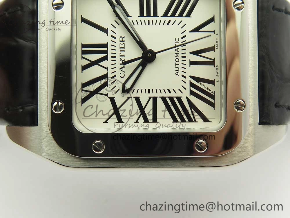 TimelessDesign Santos 100 33mm RXW 1:1 Best Edition Ladies SS White Dial on Black Leather Strap SEIKO NH05A 10636