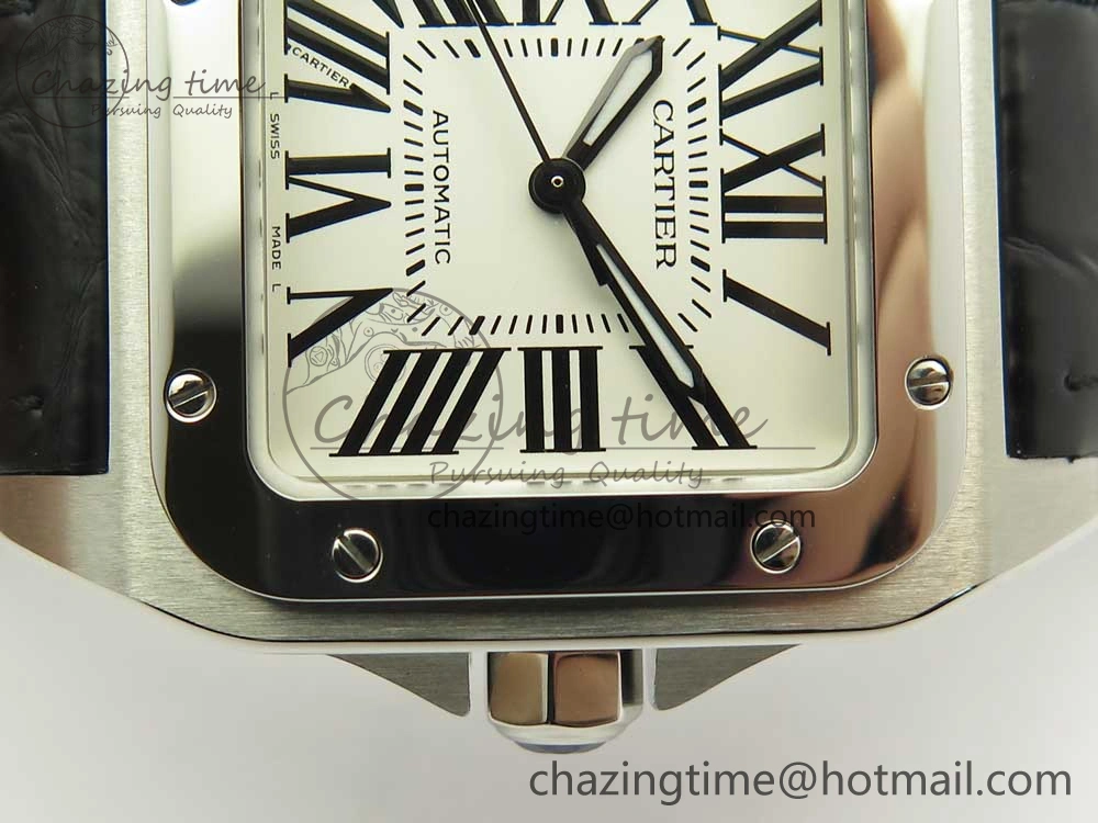 TimelessDesign Santos 100 33mm RXW 1:1 Best Edition Ladies SS White Dial on Black Leather Strap SEIKO NH05A 10636