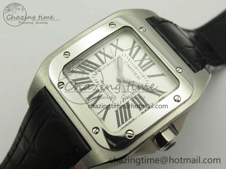 TimelessDesign Santos 100 33mm RXW 1:1 Best Edition Ladies SS White Dial on Black Leather Strap SEIKO NH05A 10636