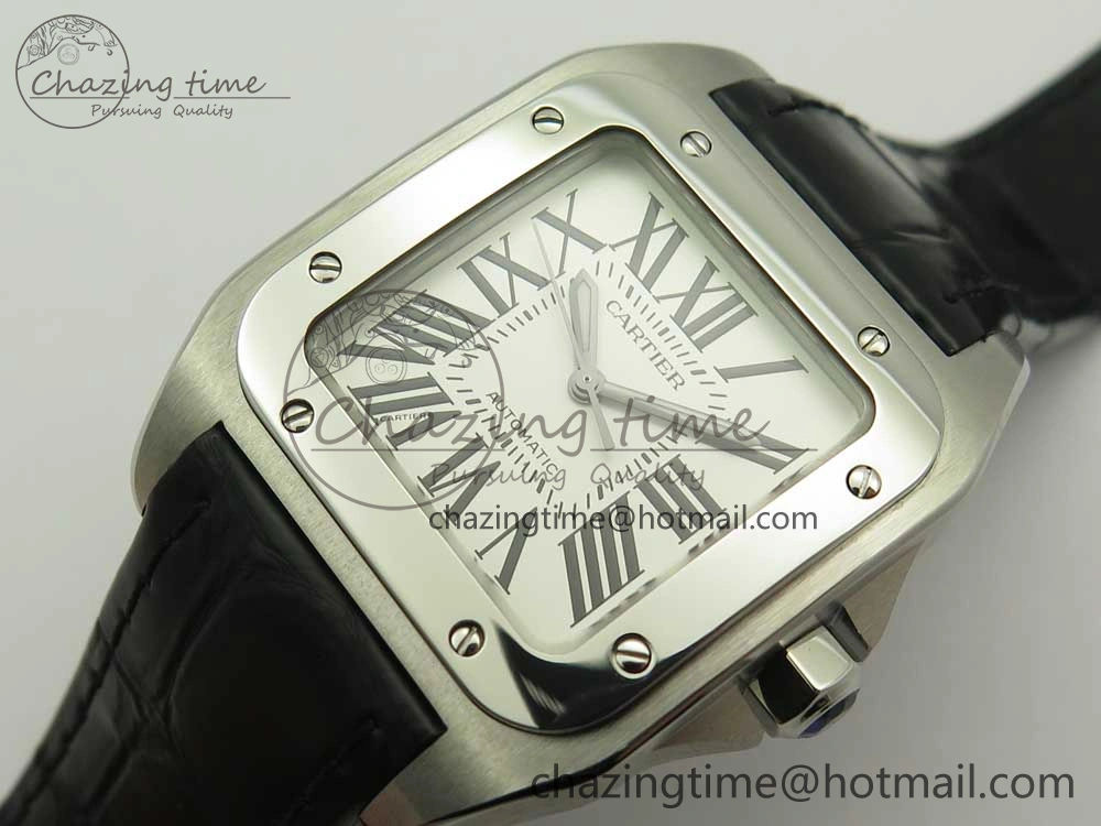 TimelessDesign Santos 100 33mm RXW 1:1 Best Edition Ladies SS White Dial on Black Leather Strap SEIKO NH05A 10636