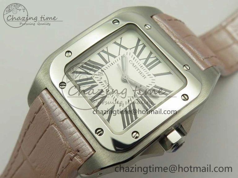 Timeless Santos 100 33mm RXW 1:1 Best Edition Ladies SS White Dial on Pink Leather Strap SEIKO NH05A 6162