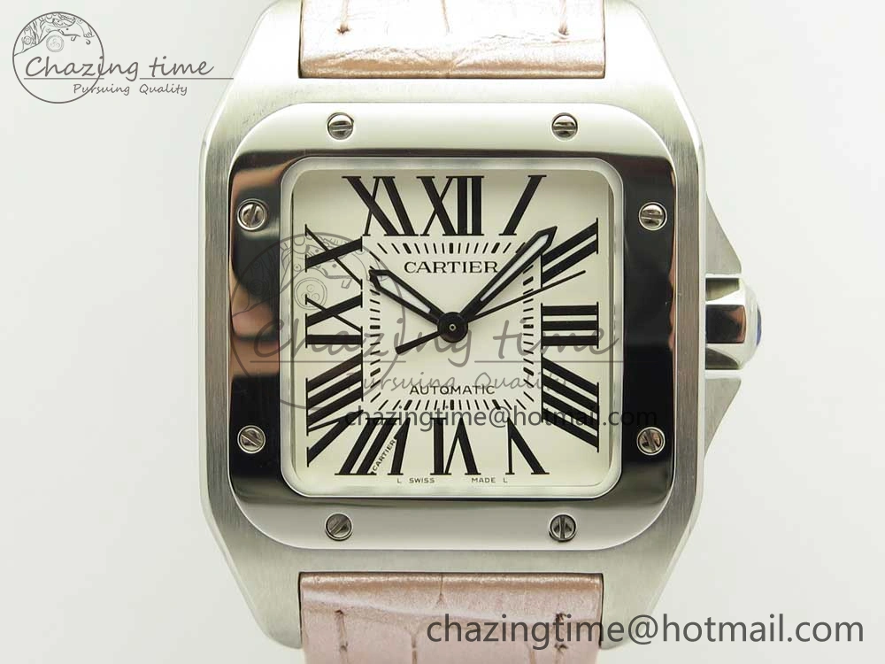 Timeless Santos 100 33mm RXW 1:1 Best Edition Ladies SS White Dial on Pink Leather Strap SEIKO NH05A 6162